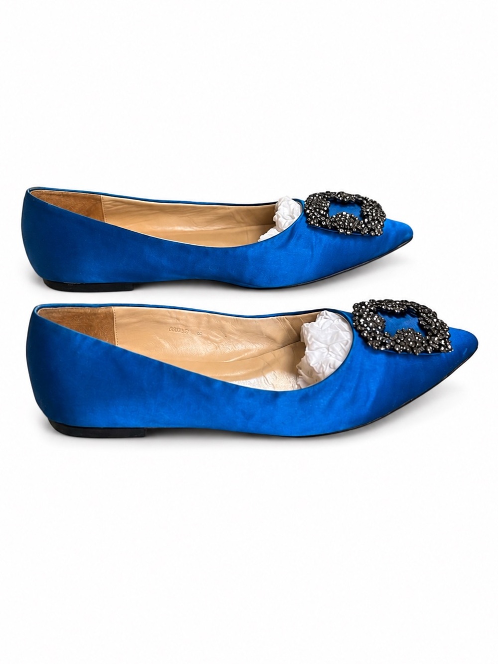 Manolo Blahnik Hangisi Blue Satin Crystal Buckle Flats EU 38 - Picture 6 of 9